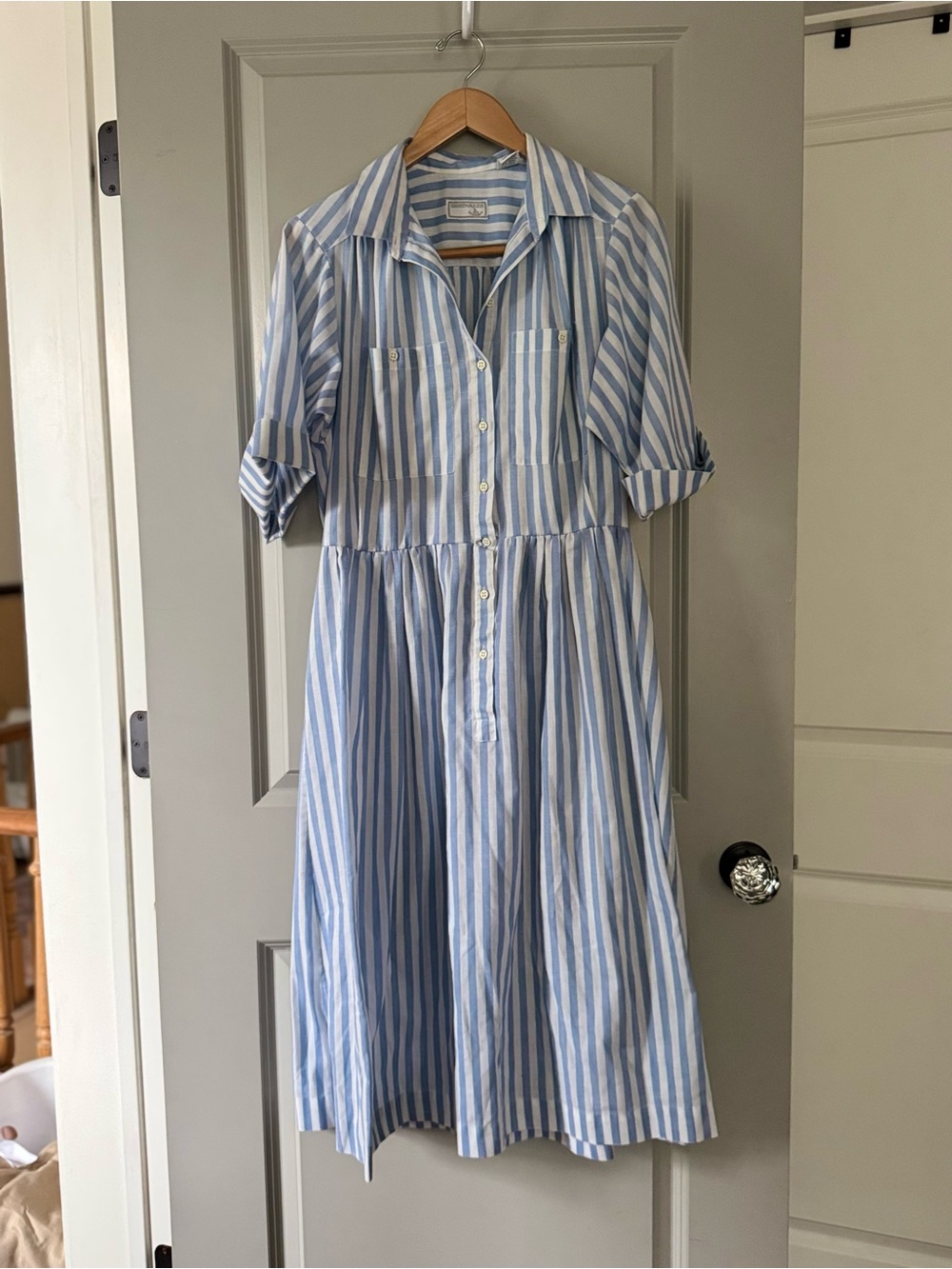 True Vintage Blue and White Striped Button-Front Shirt Dress